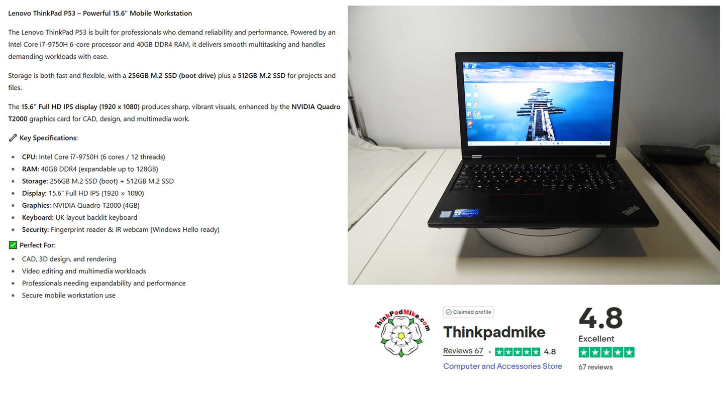 Lenovo ThinkPad P53 i7 *HEX CORE* 9750H 2.6Ghz 40GB RAM 256GB + 512GB IPS B\L KB NVIDIA T2000 (1208)