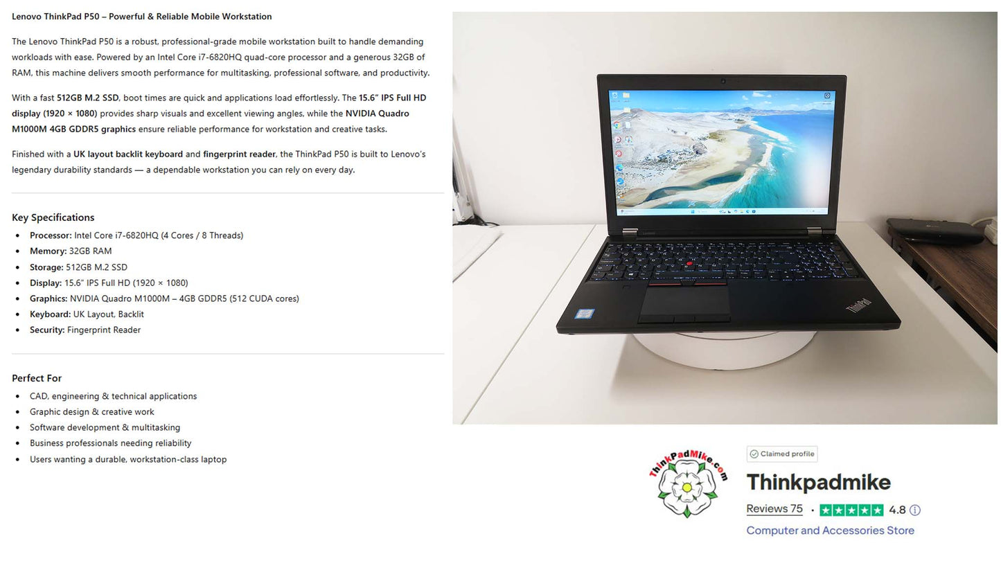 Lenovo ThinkPad P50 i7 6820HQ 32GB RAM 512GB SSD IPS NVIDIA M1000M (1274)