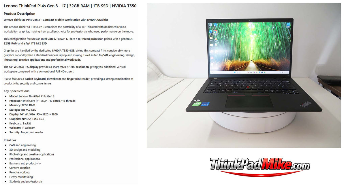 Lenovo ThinkPad P14s i7 1260P *12 Core* 32GB RAM 1TB SSD IPS NVIDIA T550 (1394)