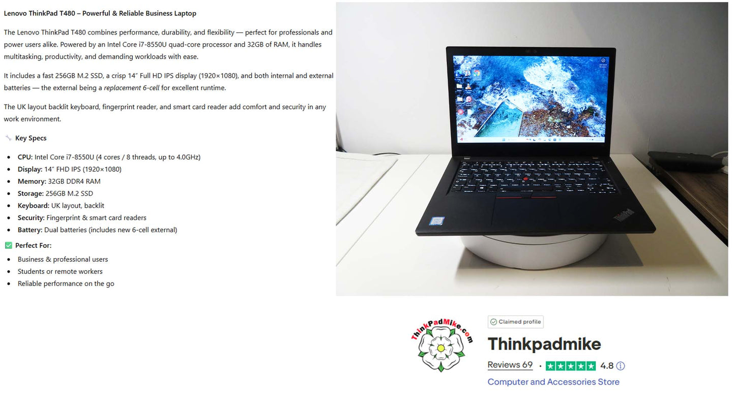 Lenovo ThinkPad T480 i7 8550U 32GB RAM 256GB SSD IPS SCREEN (1237)