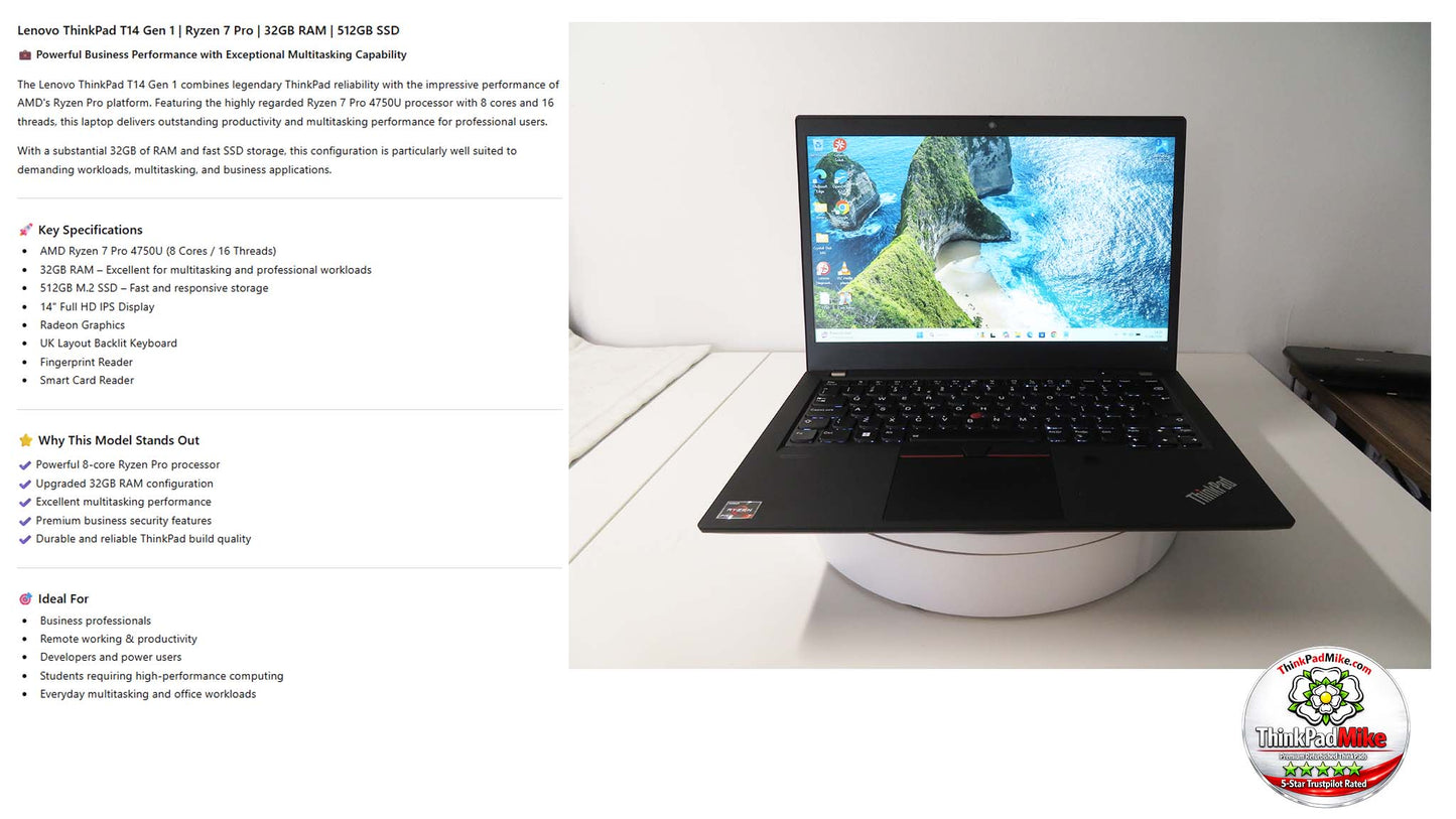 Lenovo ThinkPad T14 AMD Ryzen 7 Pro 8 CORE 32GB RAM 512GB SSD IPS FHD SCREEN B\LKB (1350)