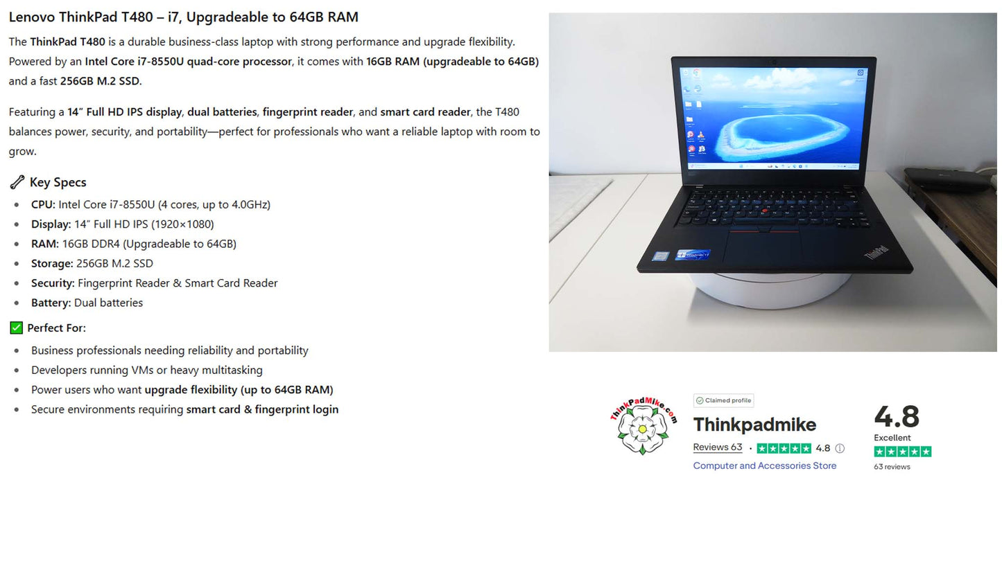 Lenovo ThinkPad T480 i7 8550U 16GB RAM 256GB SSD IPS SCREEN (1196)