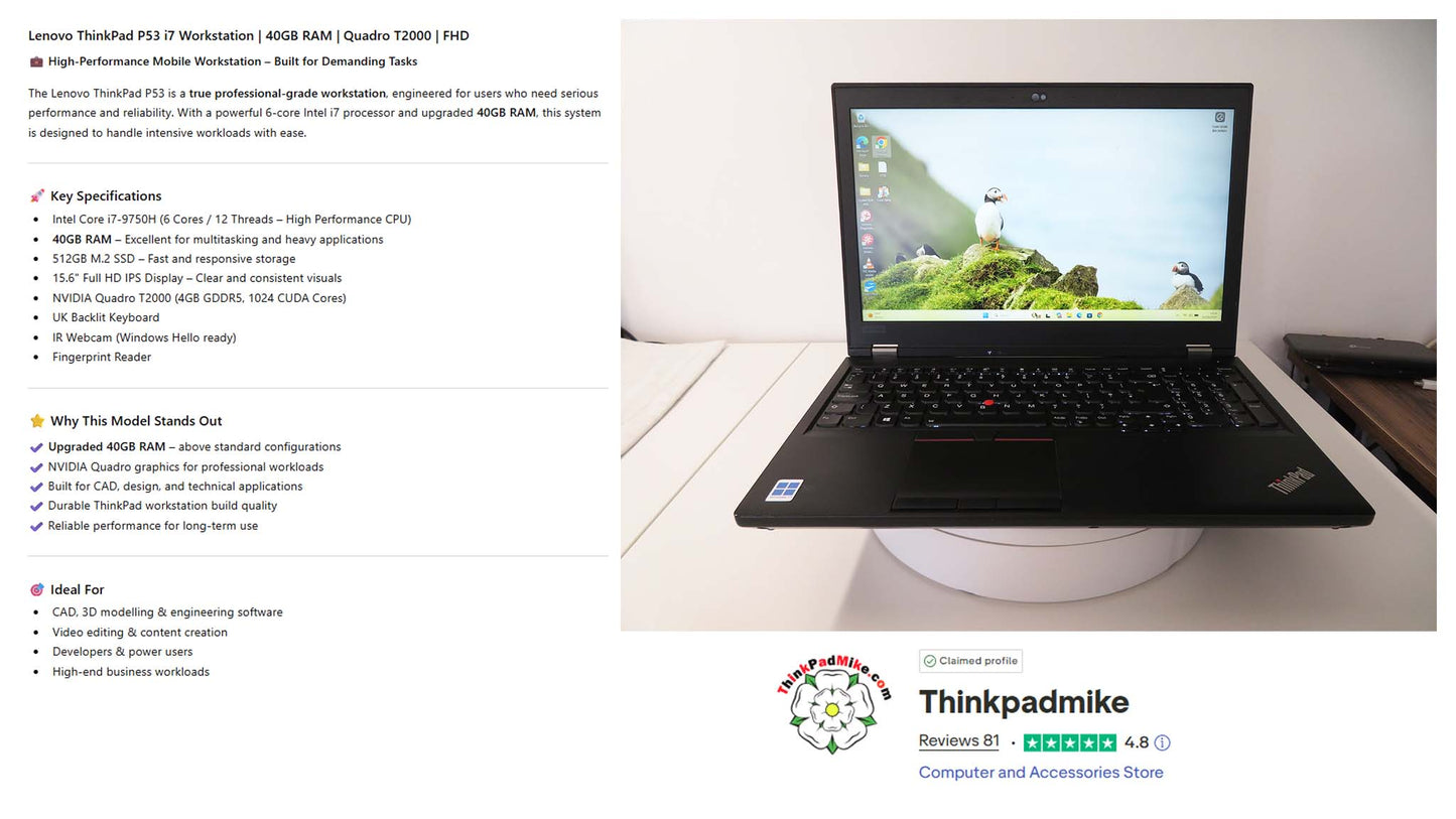 Lenovo ThinkPad P53 i7 *6 CORE* 9750H 40GB RAM 512GB IPS B\L KB NVIDIA T2000 (1330)