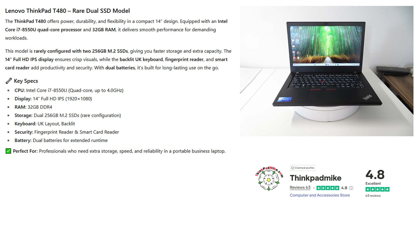 Lenovo ThinkPad T480 i7 8550U 32GB RAM 2 x 256GB SSDs IPS SCREEN B\L KB (1195)