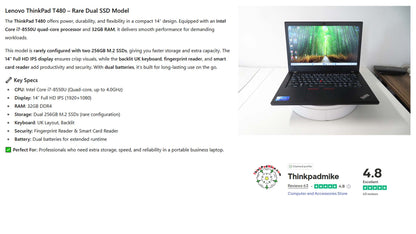 Lenovo ThinkPad T480 i7 8550U 32GB RAM 2 x 256GB SSDs IPS SCREEN B\L KB (1195)
