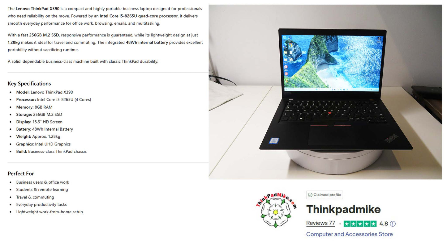 Lenovo ThinkPad x390 i5 1.6Ghz 8265U 8GB RAM 256GB SSD 13.3" HD Screen (937)