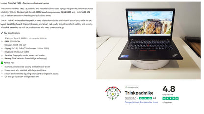 Lenovo ThinkPad T480 i5 8250U 32GB RAM 256GB SSD IPS TOUCH SCREEN (1214)