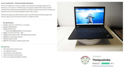 Lenovo ThinkPad P52 i7 *6 CORE* 8750H 2.2Ghz 40GB RAM 256GB SSD IPS B\L KB NVIDIA P1000 (1278)