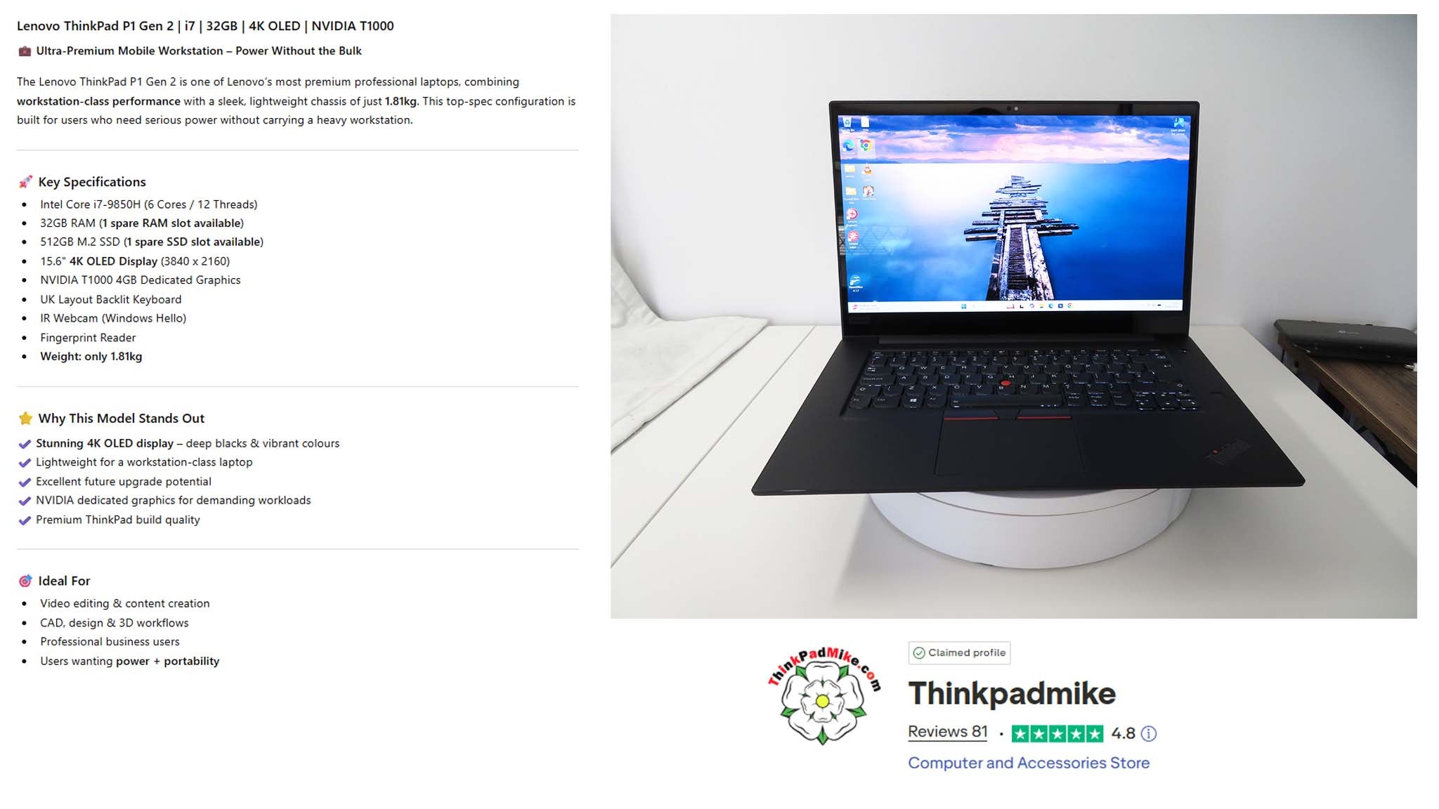 Lenovo ThinkPad P1 Gen 2 i7-9850H 32GB 512GB SSD OLED 4K TOUCH