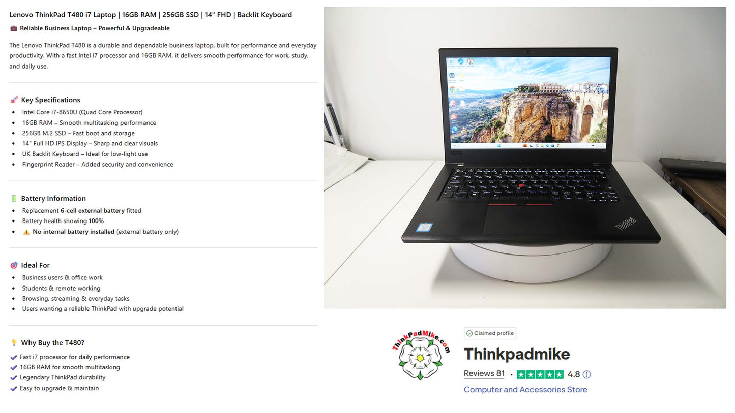 Lenovo ThinkPad T480 i7 8650U 16GB RAM 256GB SSD IPS SCREEN B\L KB (1320)