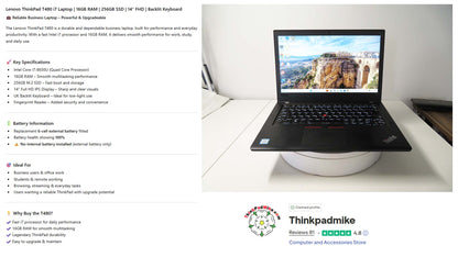 Lenovo ThinkPad T480 i7 8650U 16GB RAM 256GB SSD IPS SCREEN B\L KB (1320)