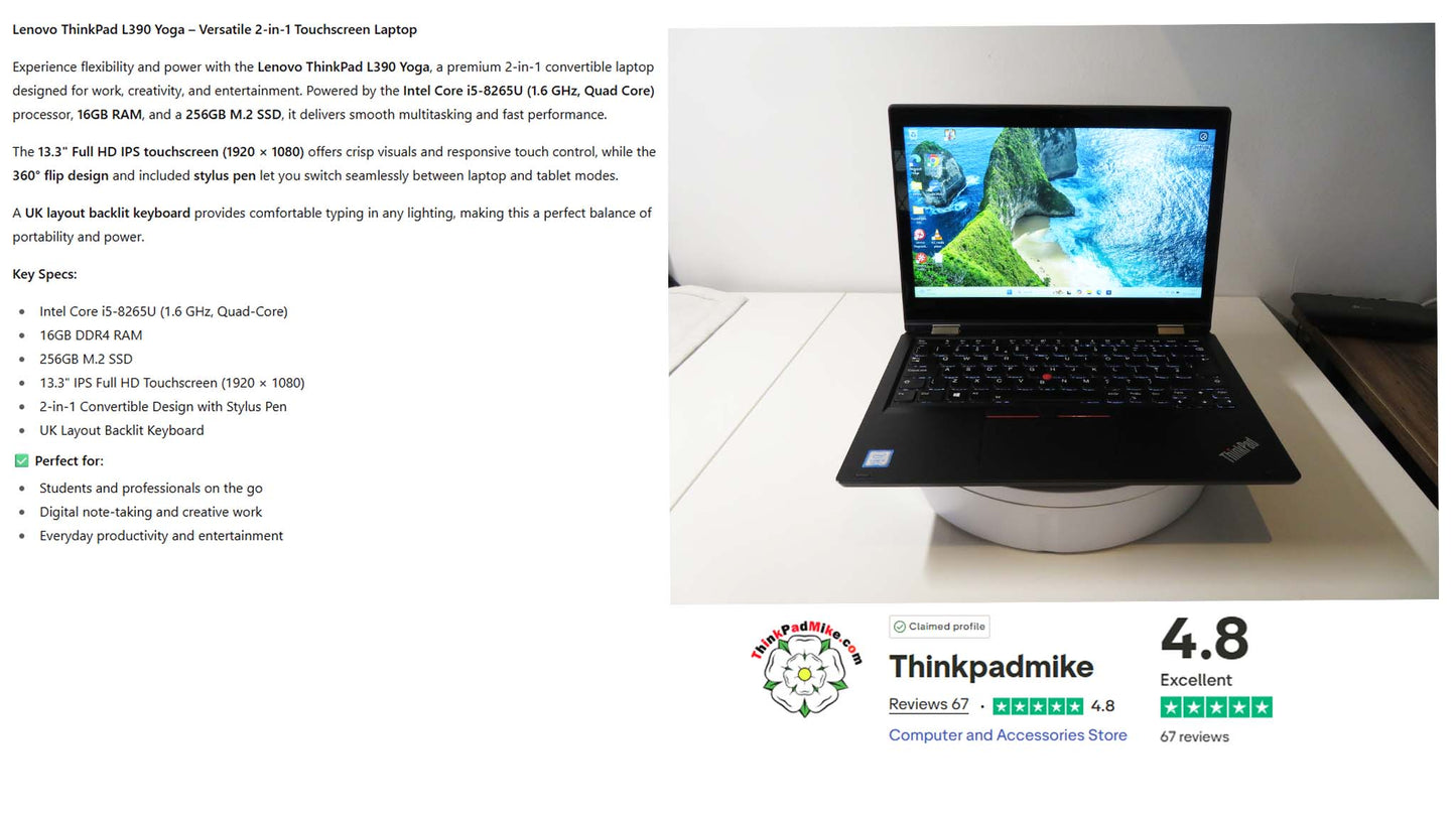 Lenovo ThinkPad L390 Yoga i5 1.6Ghz 8265U 16GB RAM 256GB SSD IPS TOUCH Screen Backlit Keyboard 2 in 1 Flip (1217)