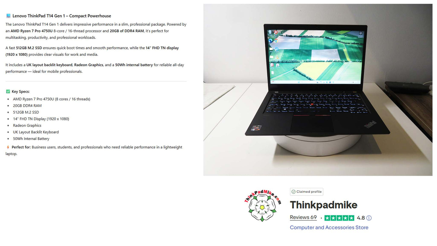 Lenovo ThinkPad T14 AMD Ryzen 7 Pro 8 CORE 20GB RAM 512GB SSD TN FHD SCREEN B\LKB (1230)