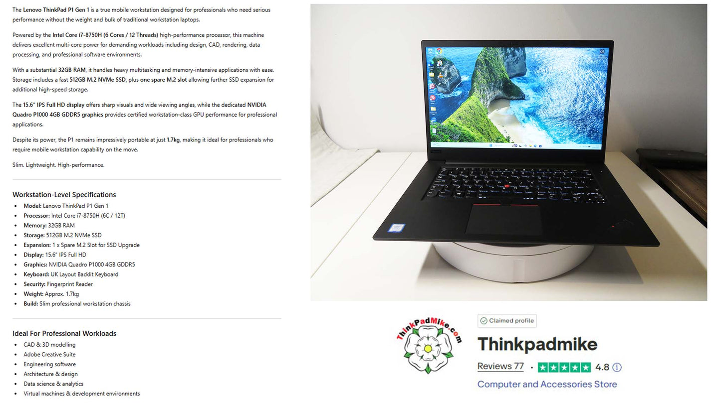 Lenovo ThinkPad P1  i7 *6 CORE* 8750H 2.2Ghz 32GB RAM 512GB SSD IPS B\L KB NVIDIA P1000 (1296)
