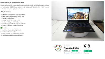 Lenovo ThinkPad T480 i5 8250U 16GB RAM 256GB SSD IPS SCREEN B\L KB (1207)