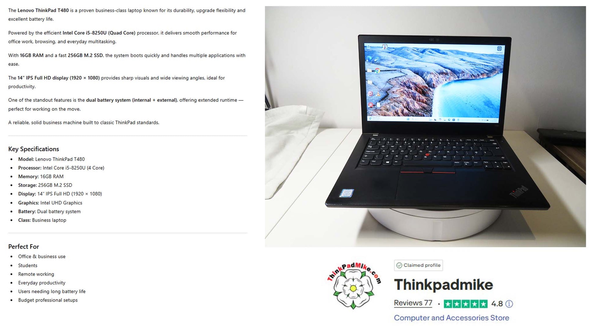 Lenovo ThinkPad T480 i5 Specs