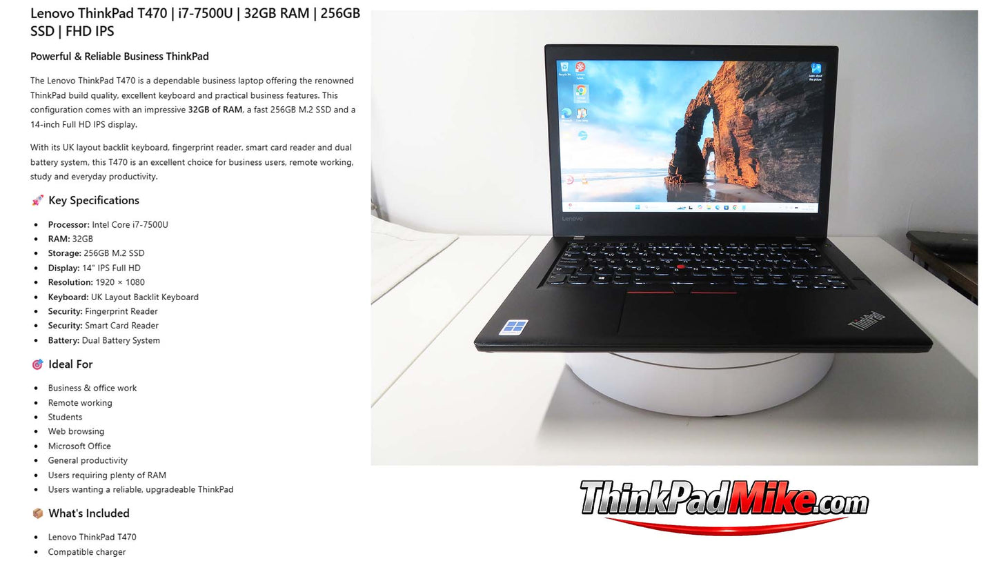 Lenovo ThinkPad T470 7500U i7 2.7Ghz 32GB RAM 256GB SSD IPS Screen B\L KB (626)