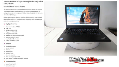 Lenovo ThinkPad T470 7500U i7 2.7Ghz 32GB RAM 256GB SSD IPS Screen B\L KB (626)