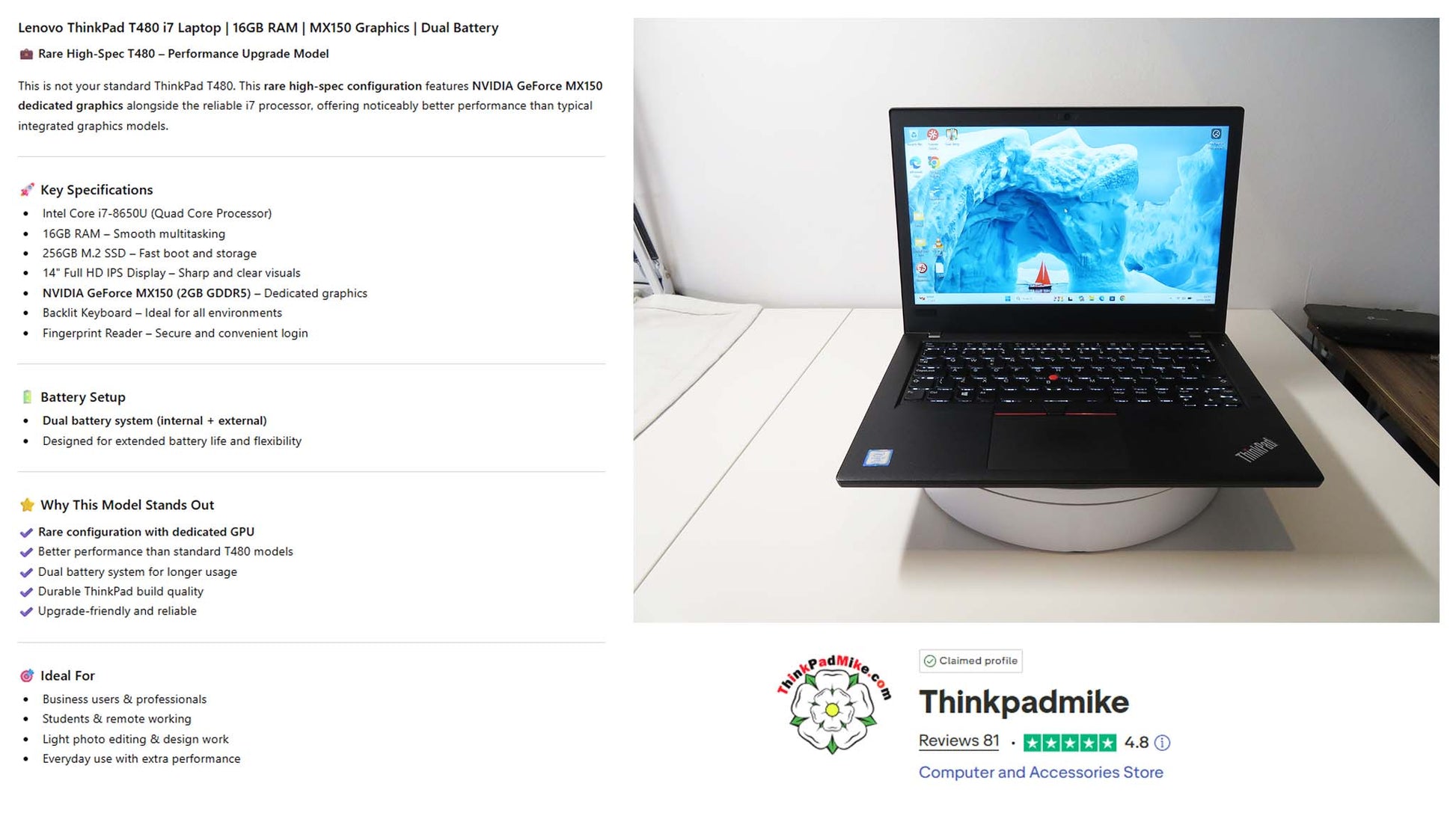 Lenovo ThinkPad T480 MX150 Specs