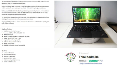 Lenovo ThinkPad P14s AMD Ryzen 7 Pro 8 Core 32GB RAM 512GB SSD IPS Screen (1298)