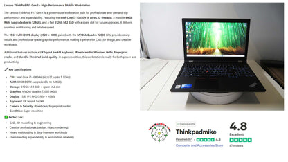 Lenovo ThinkPad P15 i7 10850H *6 CORE* 64GB RAM 512GB SSD IPS NVIDIA T2000 (1212)