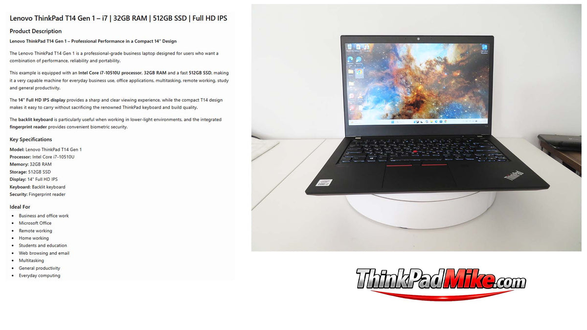 Lenovo ThinkPad T14 i7 10510U 32GB RAM 512GB SSD IPS FHD SCREEN B\LKB (1391)