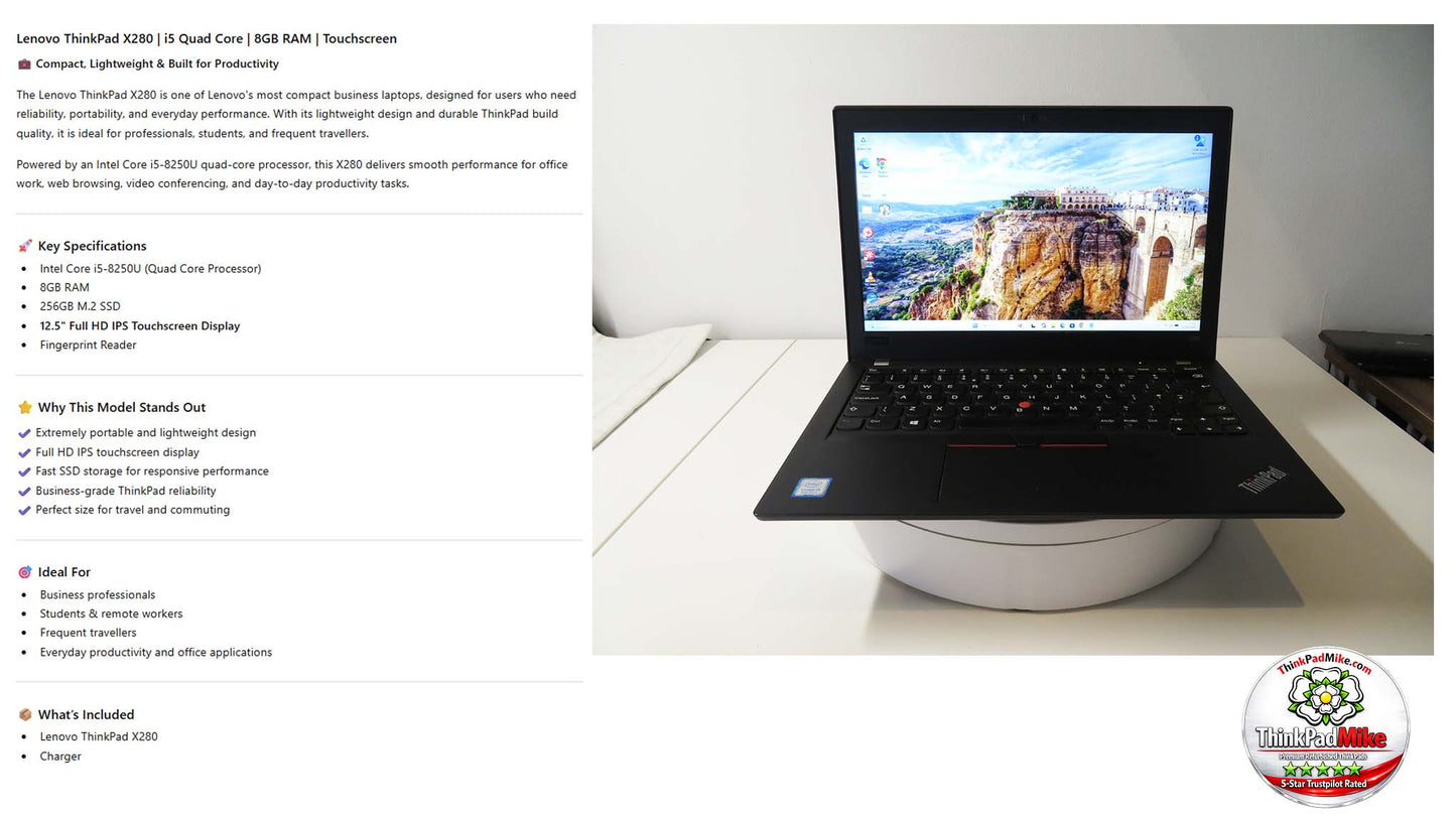 Lenovo ThinkPad x280 i5 8250U 1.6Ghz 8GB RAM 256GB SSD IPS Touch Screen (728)