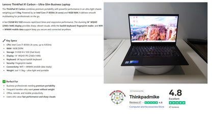 Lenovo ThinkPad x1 Carbon 6th Gen i7 8550U 1.8Ghz 16GB RAM 512GB SSD IPS WQHD Screen B\LKB (1203)
