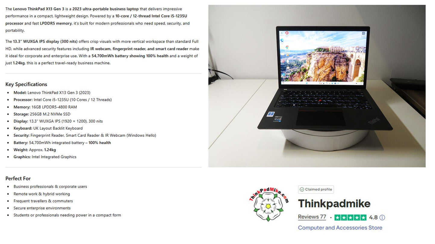 Lenovo ThinkPad x13 i5 1235U *10 Core* 16GB RAM 256GB SSD IPS WUXGA Screen (1288)