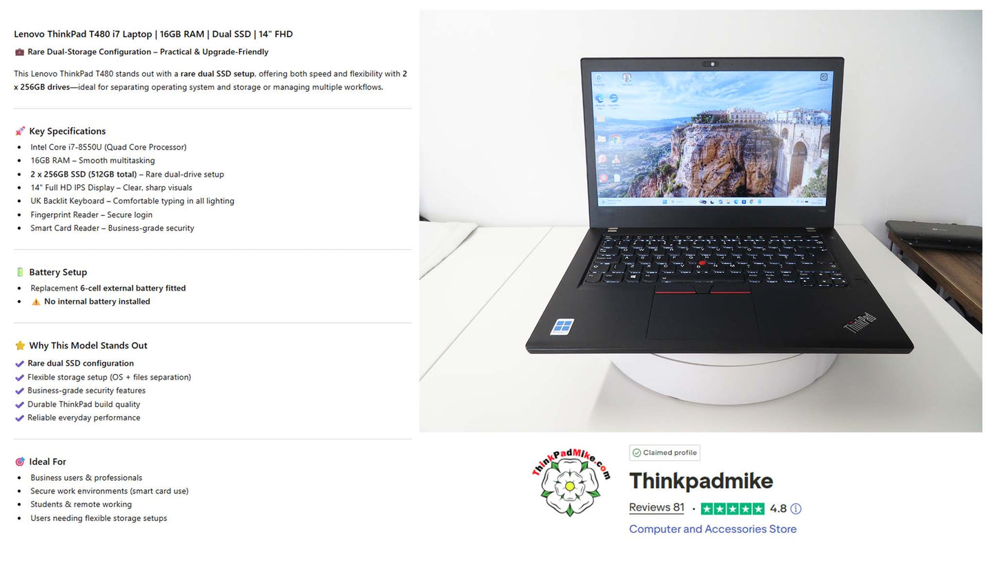 Lenovo ThinkPad T480 i7-8550U 16GB 512GB SSD (2x256GB) 14" FHD Backlit (1333)