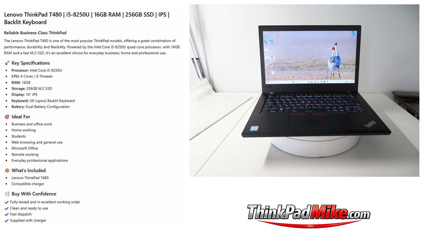 Lenovo ThinkPad T480 i5-8250U | 16GB | 256GB SSD | FHD | Dual Battery (1379)