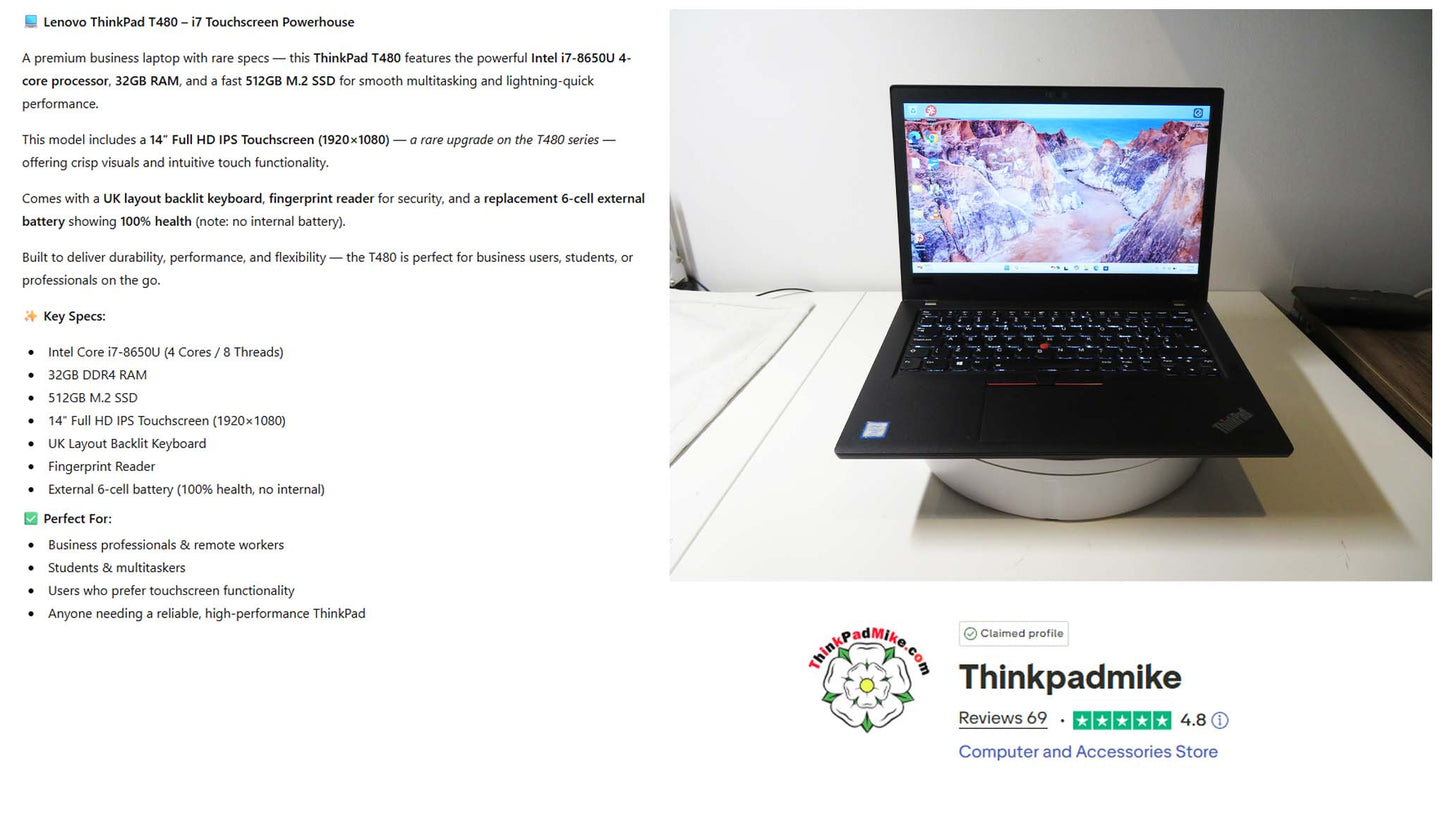 Lenovo ThinkPad T480 i7 8650U 32GB RAM 512GB SSD IPS TOUCH SCREEN (1234)