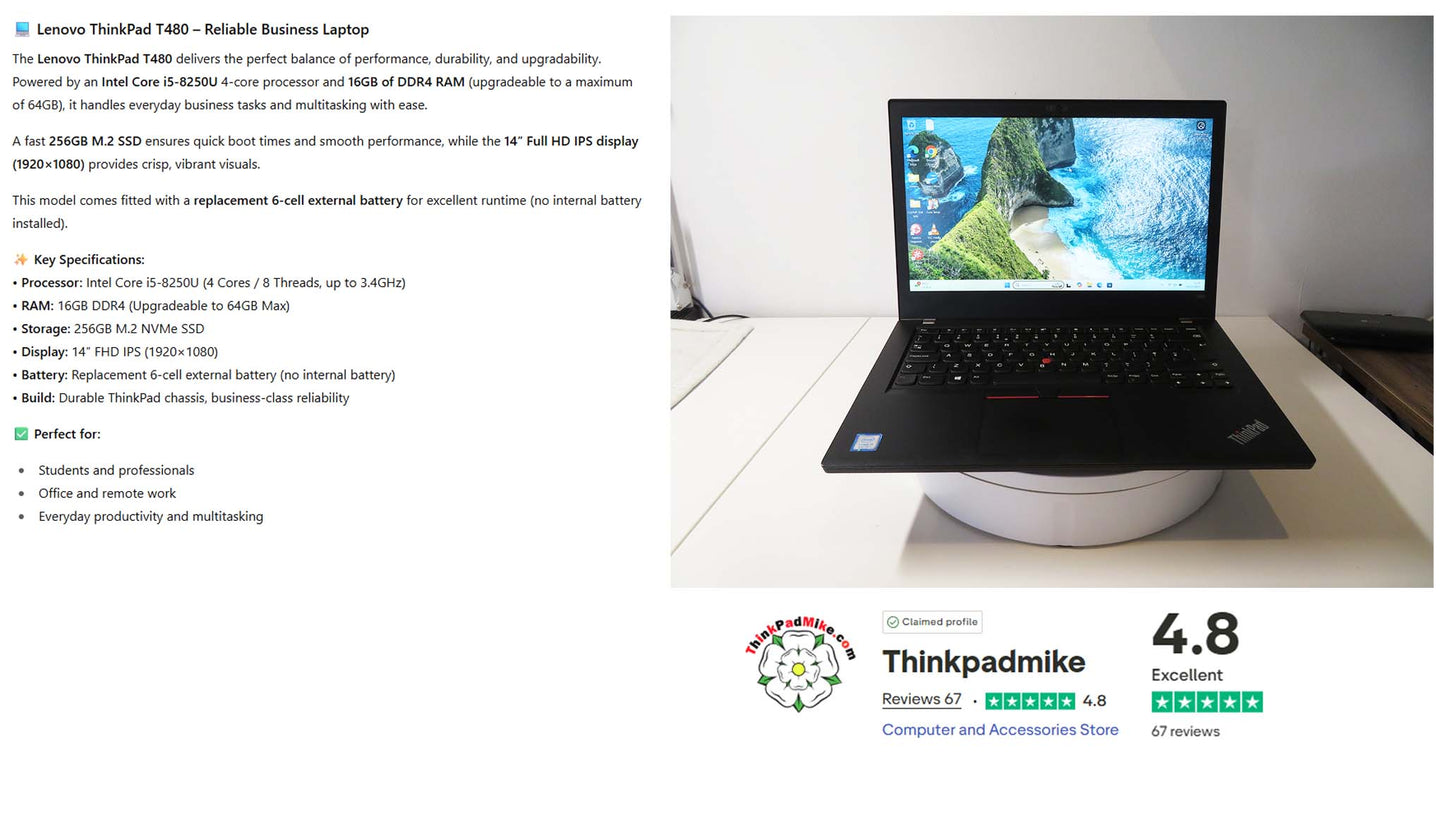 Lenovo ThinkPad T480 i5 8250U 16GB RAM 256GB SSD IPS SCREEN WIN11 (1228)