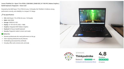 Lenovo ThinkPad L14 AMD Ryzen 7 Pro 8 CORE 32GB RAM 256GB SSD IPS FHD SCREEN (1206)