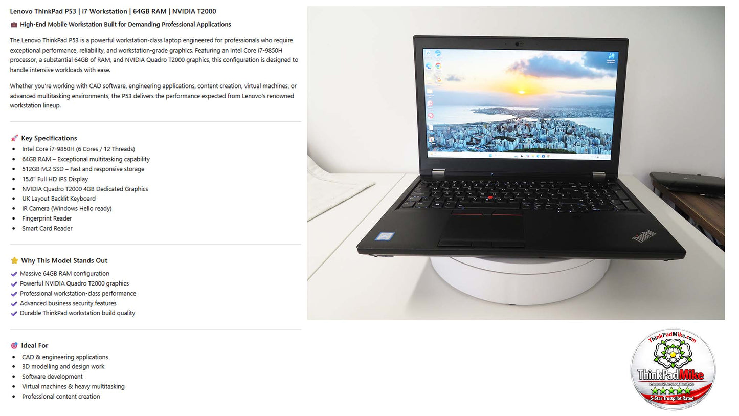 Lenovo ThinkPad P53 i7 *6 CORE* 9750H 2.6Ghz 64GB RAM 512GB SSD IPS B\L KB NVIDIA T2000 (1354)