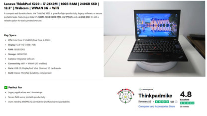 Lenovo ThinkPad x220 i7 2640M 2.8Ghz 16GB RAM 240GB SSD WIN10 (1135)