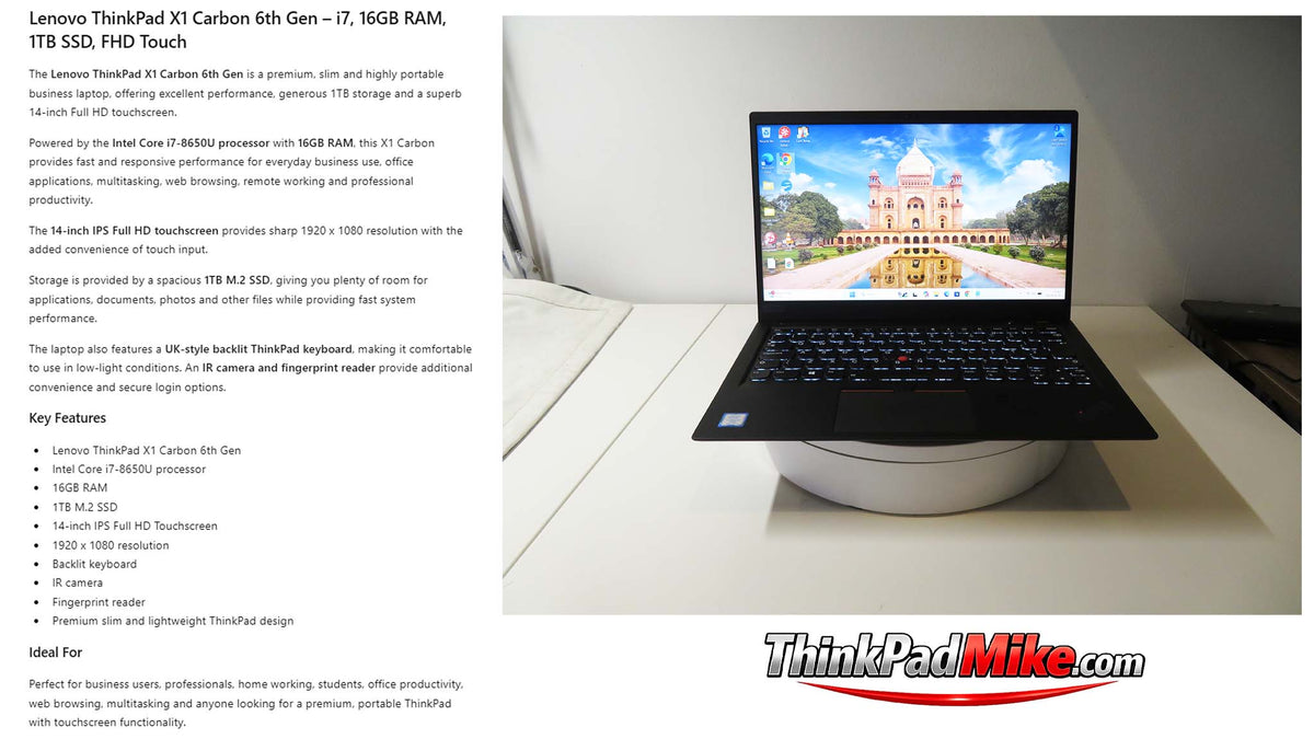 Lenovo ThinkPad x1 Carbon 6th Gen i7 8650U 1.9Ghz 16GB RAM 1TB SSD IPS TOUCH Screen B\LKB (1385)