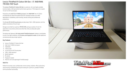 Lenovo ThinkPad x1 Carbon 6th Gen i7 8650U 1.9Ghz 16GB RAM 1TB SSD IPS TOUCH Screen B\LKB (1385)