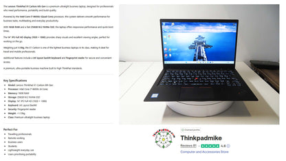 Lenovo ThinkPad x1 Carbon 6th Gen i7 8650U 1.9Ghz 16GB RAM 256GB SSD IPS Screen B\LKB (1315)