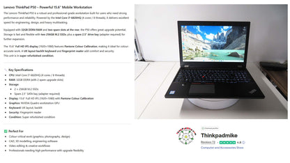 Lenovo ThinkPad P50 i7 6820HQ 32GB RAM 2 x 256GB SSDs IPS NVIDIA M2000M (1240)