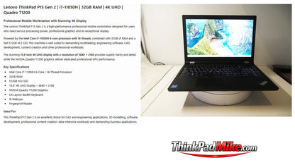 Lenovo ThinkPad P15 i7 11850H *8 CORE* 32GB RAM 512GB SSD UHD NVIDIA T1200 (1376)