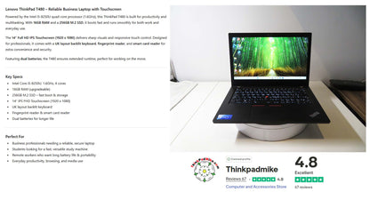 Lenovo ThinkPad T480 i5 8250U 16GB RAM 256GB SSD IPS TOUCH SCREEN (1215)