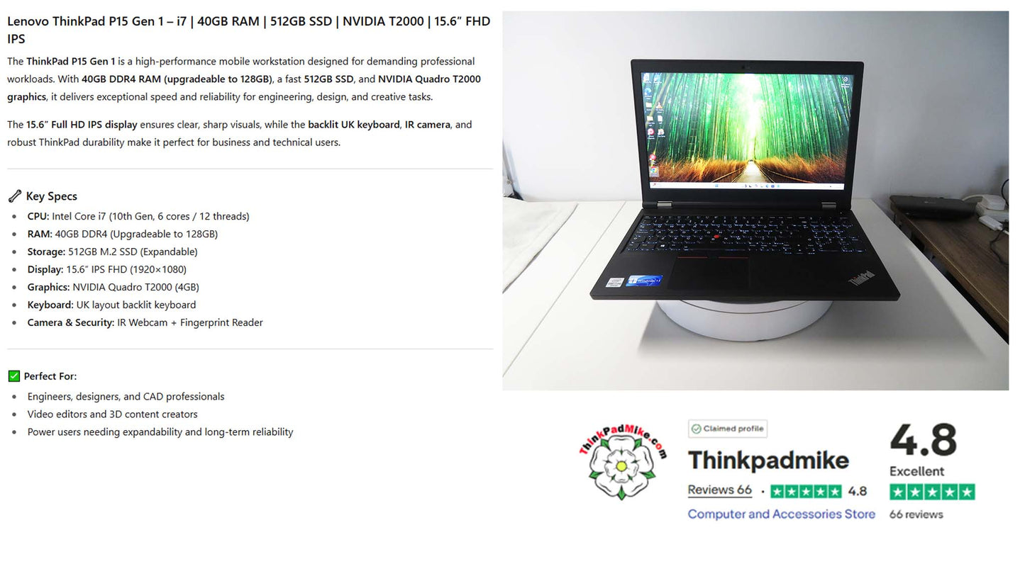 Lenovo ThinkPad P15 i7 *HEX CORE* 10850H 2.7Ghz 40GB RAM 512GB IPS B\L KB NVIDIA T2000 (1201)