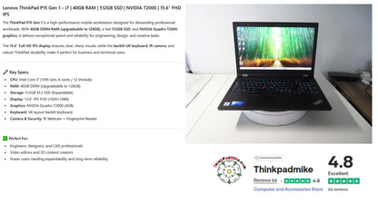 Lenovo ThinkPad P15 i7 *HEX CORE* 10850H 2.7Ghz 40GB RAM 512GB IPS B\L KB NVIDIA T2000 (1201)