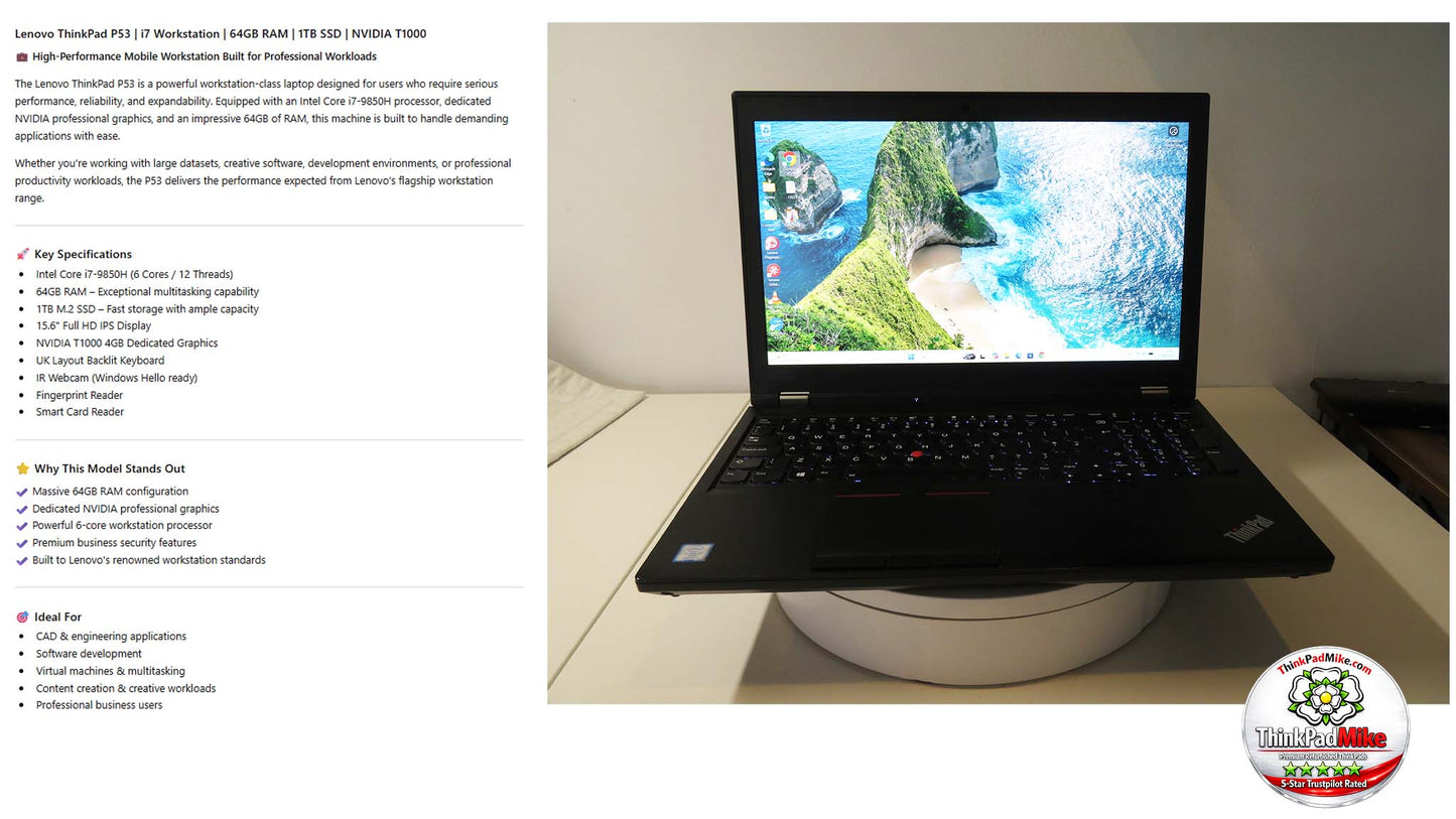 Lenovo ThinkPad P53 i7 *6 CORE* 9750H 2.6Ghz 64GB RAM 1TB SSD IPS B\L KB NVIDIA T1000 (1352)