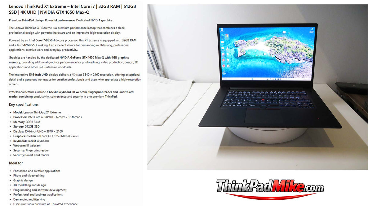 Lenovo ThinkPad x1 Extreme i7 *6 CORE* 9850H 32GB RAM 512GB SSD IPS UHD NVIDIA GTX 1650 (1402)
