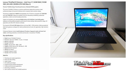 Lenovo ThinkPad x1 Extreme i7 *6 CORE* 9850H 32GB RAM 512GB SSD IPS UHD NVIDIA GTX 1650 (1402)