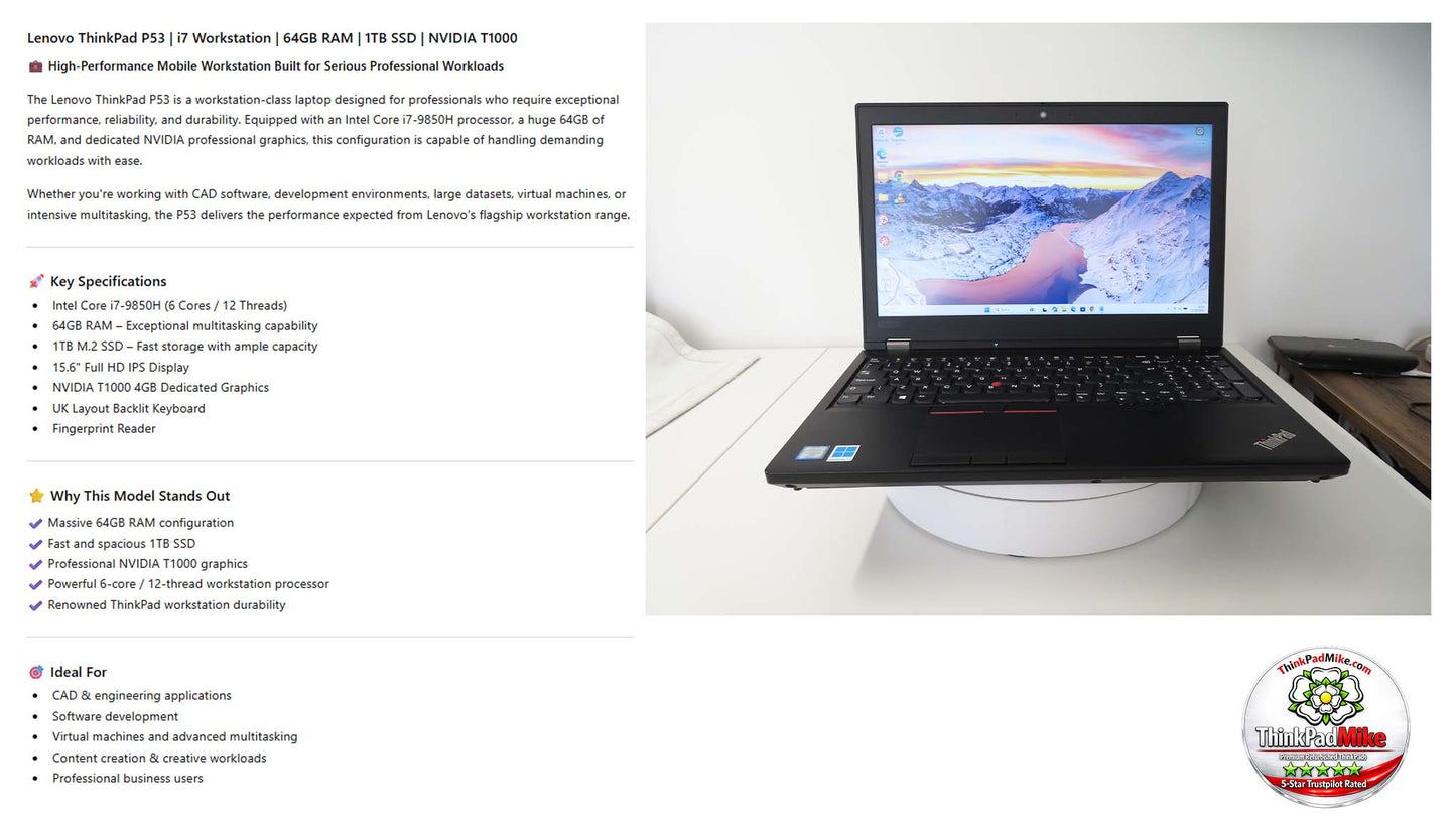 Lenovo ThinkPad P53 i7 *6 CORE* 9850H 2.6Ghz 64GB RAM 1TB SSD IPS B\L KB NVIDIA T1000 (1355)