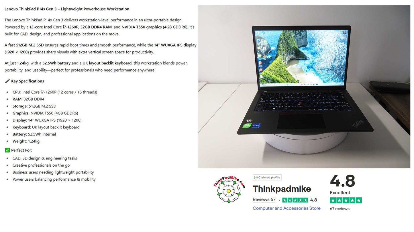 Lenovo ThinkPad P14s i7 1260P **12 Core** 32GB RAM 512GB SSD IPS NVIDIA T550 WIN11 (1192)
