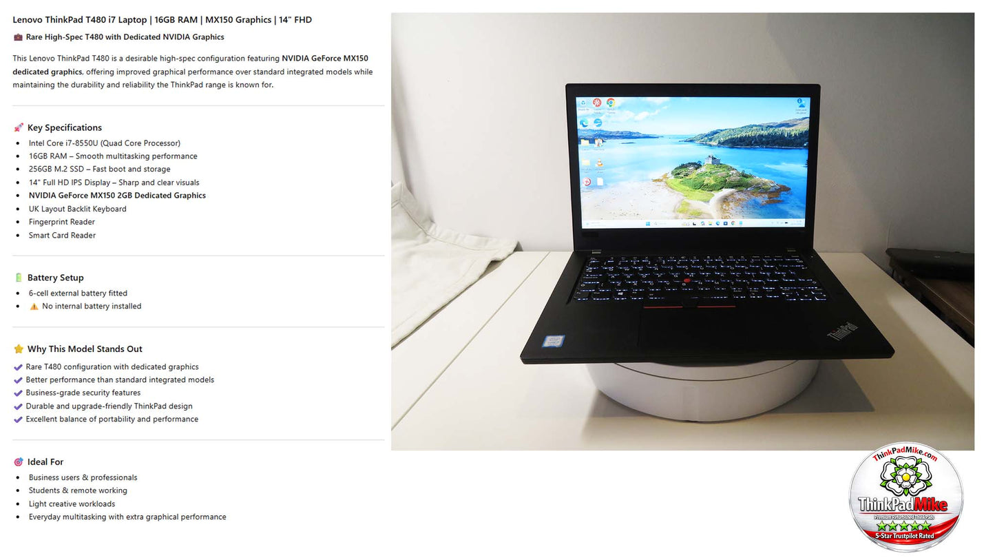 Lenovo ThinkPad T480 i7 8550U 16GB RAM 256GB SSD IPS SCREEN NVIDIA MX150 (1339)